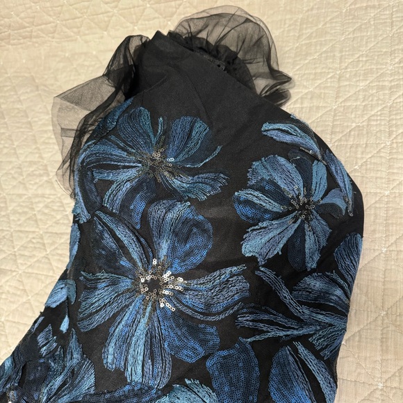 Jovani One Shoulder Black Blue Embroidered Gown - Picture 4 of 9